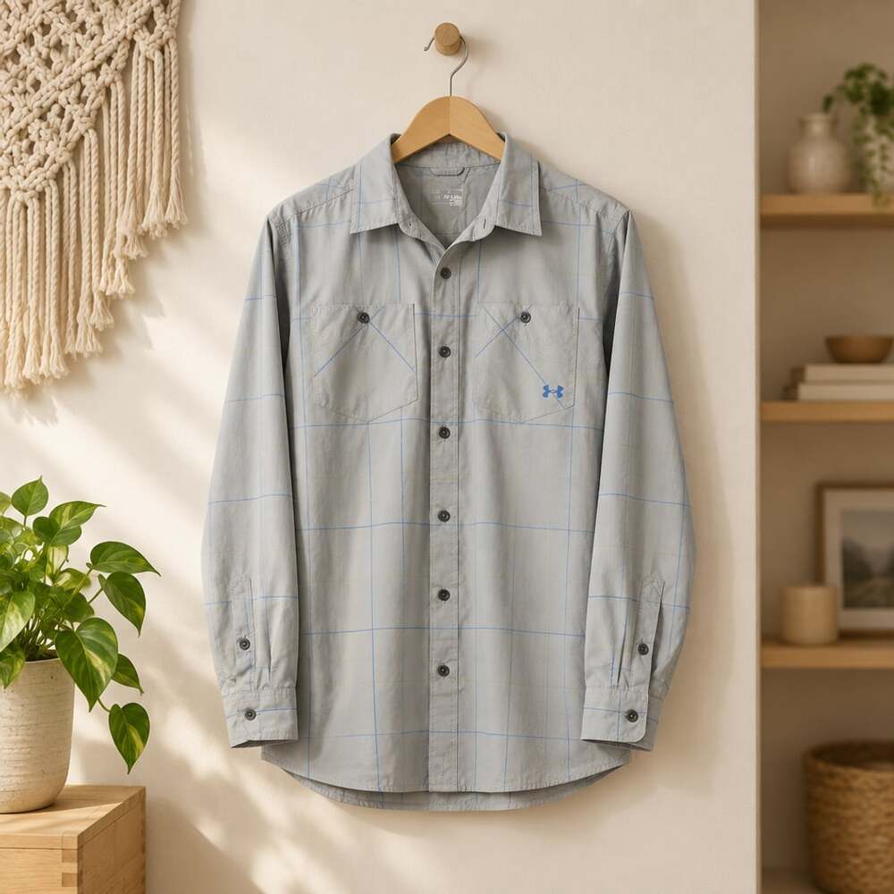 Under Armour Plaid Fishing Shirt Size L Gray Long Sleeve